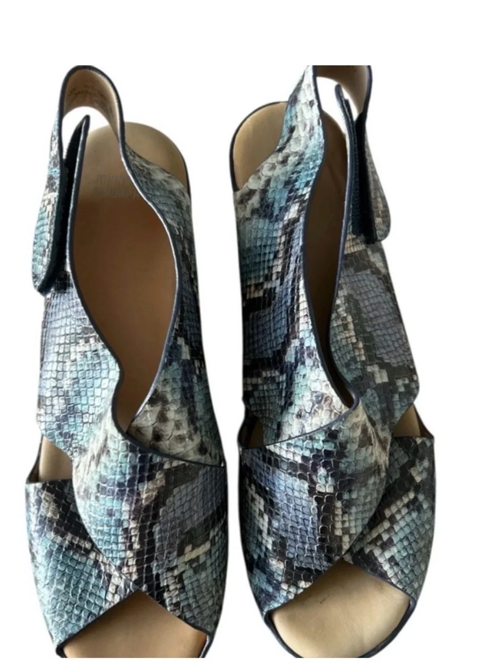 Johnston & Murphy Tori Wedge Sandals in Blue and Black Snake-Print